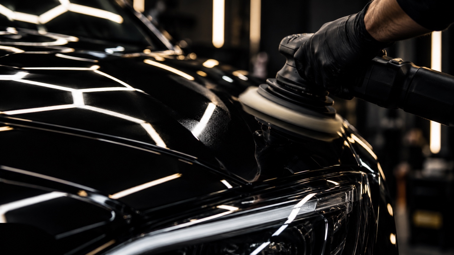 Close-up of machine polishing on glossy black paintwork under studio lighting